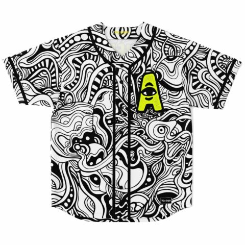 Black and white psychedelic swirl baseball jersey front with neon yellow eye letter A patch
