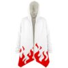 White red flames rave cloak with hooded front view and draped sleeves