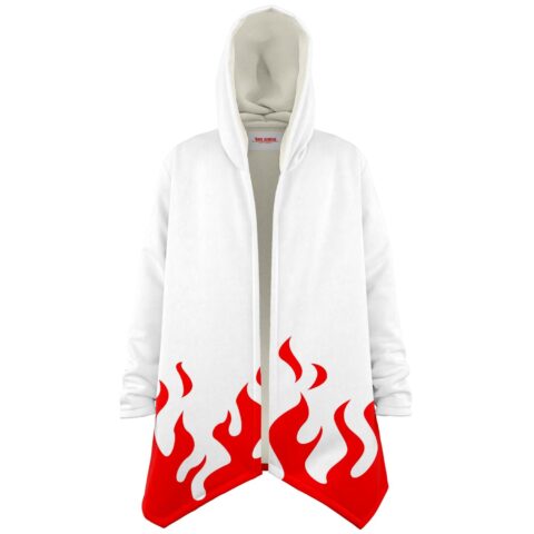 White red flames rave cloak with hooded front view and draped sleeves