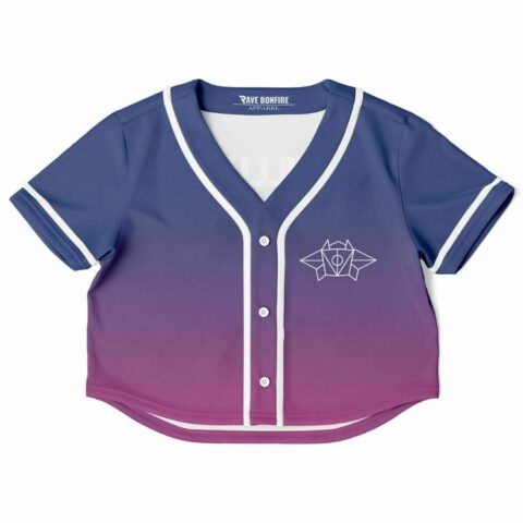 Joy rave crop top with purple pink gradient and button front design