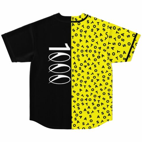 Split black panel block rave baseball jersey back view with 1000 script and scattered letters