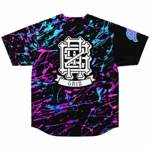 Back view of splatter print jersey featuring bone-style bear crest emblem and text reading GRiZ