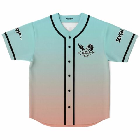 Teal to peach ombre rave baseball jersey with diamond eye and lion crest, front view