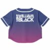 Back view of the purple gradient rave crop top with text