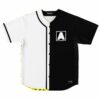 Split black panel block rave baseball jersey with boxed A logo front view lying flat