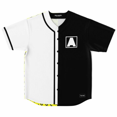 Split black panel block rave baseball jersey with boxed A logo front view lying flat