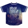 Trick Or Treat back print on navy rave baseball jersey with spooky castle and scarecrow scene, back view