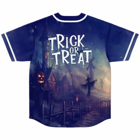 Trick Or Treat back print on navy jersey with spooky castle and scarecrow scene