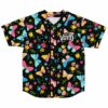 Butterfly floral print rave baseball jersey in black, front view with button placket