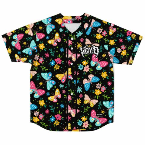Butterfly floral print rave baseball jersey in black, front view with button placket