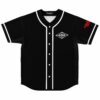Black baseball jersey with white diamond eye emblem on chest, front flat lay