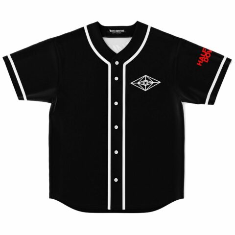 Black baseball jersey with white diamond eye emblem on chest, front flat lay