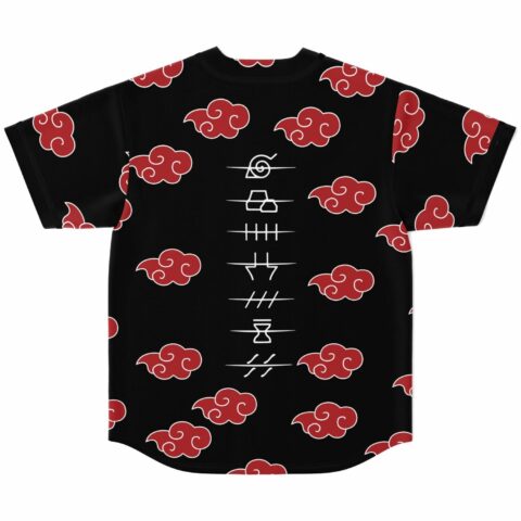 Back view of black jersey with red cloud print and vertical white symbol column