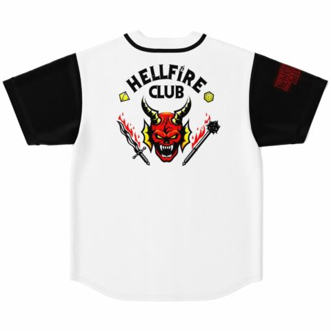 back view of white baseball jersey with large devil head and Hellfire Club text