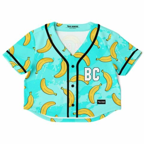 Banana leaf print cropped baseball jersey on teal background with BC lettering, front view