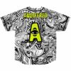 Back view of psychedelic rave jersey with dripping neon AUDIFFRED text over swirl pattern