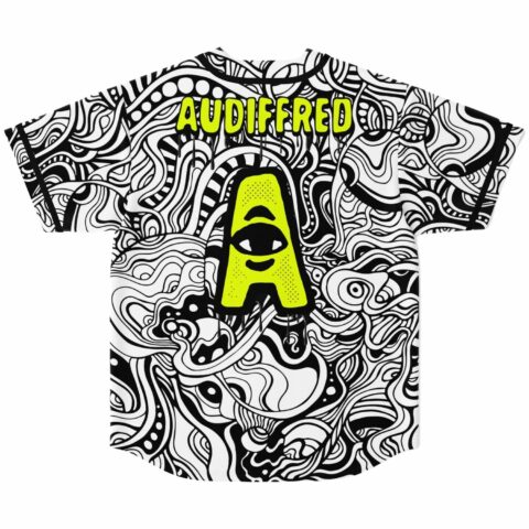 Back view of psychedelic rave jersey with dripping neon AUDIFFRED text over swirl pattern
