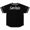 Black festival-themed jersey with handwritten script lettering across the back yoke, laid flat