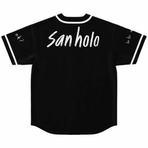 Black festival-themed jersey with handwritten script lettering across the back yoke, laid flat