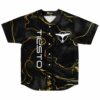 Black gold marble rave baseball jersey front view with festival-themed bird logo and text