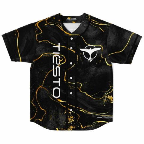 Black gold marble rave baseball jersey front view with festival-themed bird logo and text