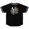 Back view of black baseball jersey with rainbow sunburst design and Group Therapy Radio text