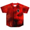 Red space nebula rave baseball jersey with black alien head patch, front flat lay