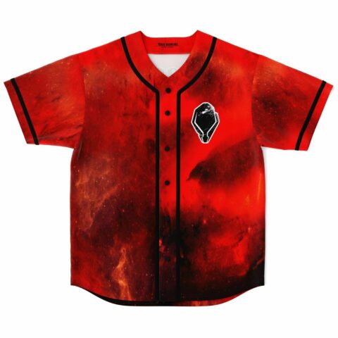 Red space nebula rave baseball jersey with black alien head patch, front flat lay