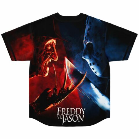 Freddy vs Jason horror graphic on black baseball jersey, back view