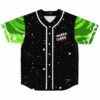 front flat lay of black starry jersey reading Wubba Lubba Dub Dub with green portal