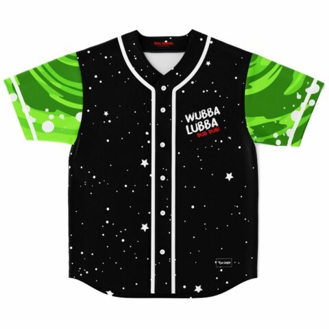 front flat lay of black starry jersey reading Wubba Lubba Dub Dub with green portal