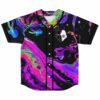Black trippy oil rave baseball jersey with split robot face design front view laid flat