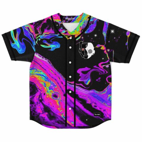 Black trippy oil rave baseball jersey with split robot face design front view laid flat