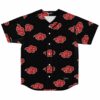 Black baseball jersey with red cloud print anime-inspired pattern front view flat lay