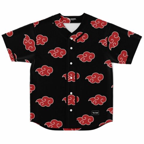 Black baseball jersey with red cloud print anime-inspired pattern front view flat lay