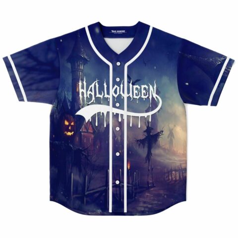 Dripping text with haunted village print Halloween baseball jersey, front flat lay