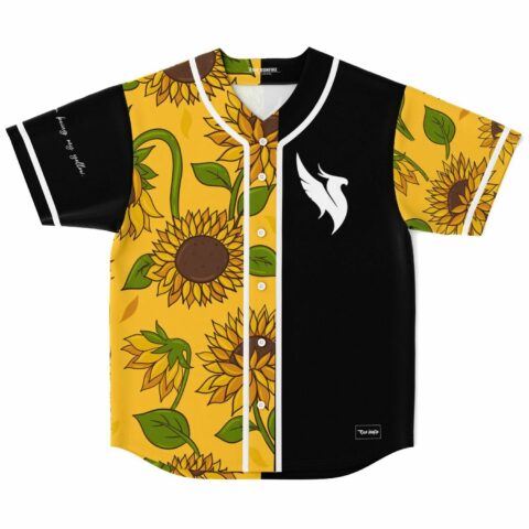 Half black half sunflower print baseball jersey with white wing logo front view