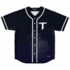 Deep navy night sky rave baseball jersey with white T logo front view laid flat