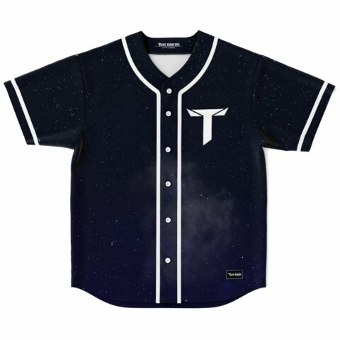 Deep navy night sky rave baseball jersey with white T logo front view laid flat