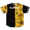 Split black and sunflower print jersey back view with bass-inspired winged wordmark