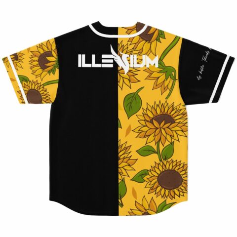 Split black and sunflower print jersey back view with bass-inspired winged wordmark