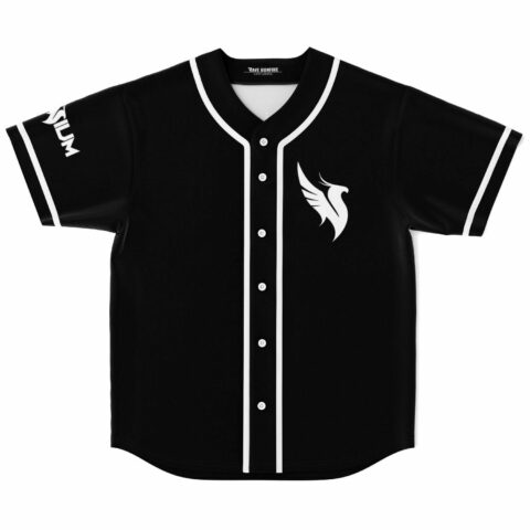 black rave baseball jersey flat lay showing white wing logo on chest and white trim