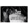 Black and white rave flag with flexing bodybuilder photo and text Zyzz Muzz Ya Sickkunt