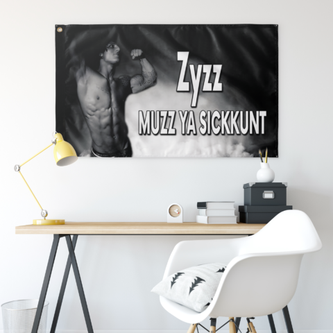 Zyzz Muzz Ya Sickkunt flag hung above a desk with yellow lamp and white chair