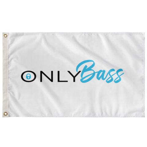 White rave flag with Only Bass wordmark logo and lock icon, flat front view