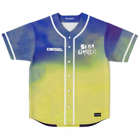 Blue to yellow hazy watercolor rave baseball jersey front view with Bear Grillz graphic