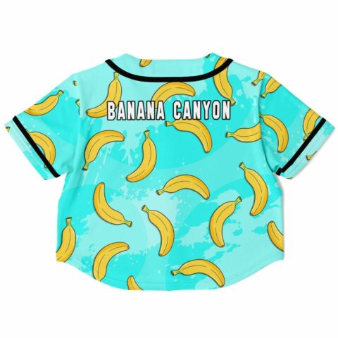 Banana leaf print back with BANANA CANYON text on cropped baseball jersey