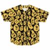 Black trippy melting smiley print baseball jersey flat lay front view with button placket