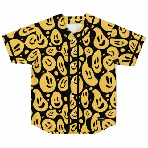 Black trippy melting smiley print baseball jersey flat lay front view with button placket