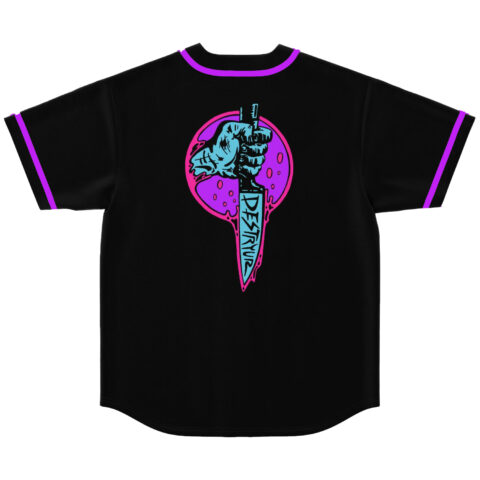 Black rave jersey back view featuring zombie hand gripping knife graphic reading Destryur